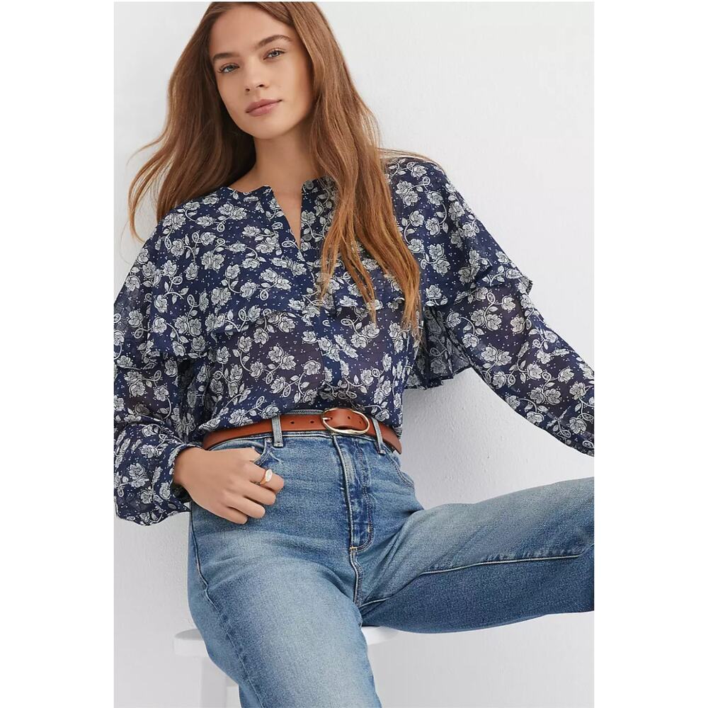 Loft Floral Cape Blouse Ruffle Preppy Office Sheer Casual Cottage Blue Medium